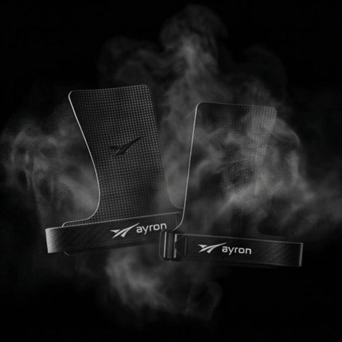 AYRON Elite Carbon Grips — vue de dessous, sangle poignet et curseur métal